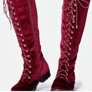 Velvet burgundy knee high combat boot, size 9.